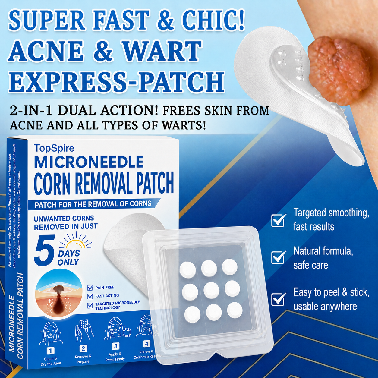 ✨TopSpire® 2-in-1 Microneedle & Hydrocolloid Patch | Targeted Solution for Raised Moles, Acne, Flat Warts & Skin Tags | Helps Improve the Appearance of Fine Lines, Scars & Skin Imperfections | Invisible Star Pimple Patches for Face & Body